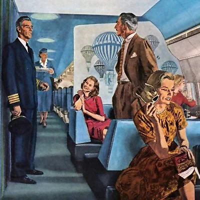 Air travel is still considered glamorous in 1959, as depicted in this 1959 Pan Am advertisement.