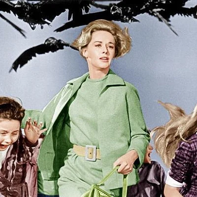 Photo from the Alfred Hitchcock film The Birds showing actor Tippi Hedren.