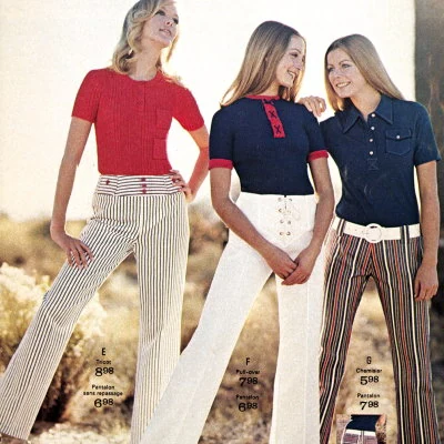 Flared and striped pants, white belts are highlighted in this detail from Eaton's Summer Catalog.