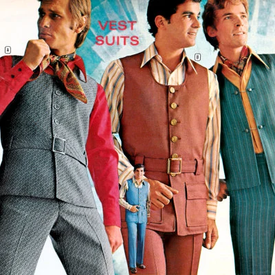 Men's vest suits, belted with matching slacks, as shown in this 1971 catalog detail.