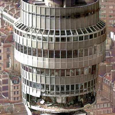 London's Post Office Tower is heavily damaged in a bombing by the IRA (Irish Republican Army).