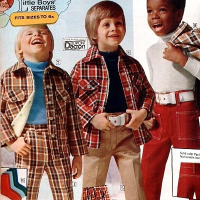 Catalog page from 1975 showing boys in leisure suits and white belts.