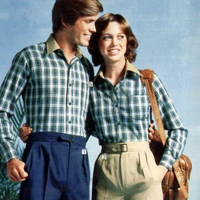 Pleated jeans for both men and women from the 1977 Sears Catalog.