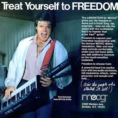 An ad for the Moog Liberation keytar.