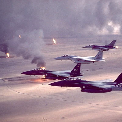 The U.S. and a coalition of European and Middle Eastern countries bomb Iraqi forces in Kuwait, followed by a ground invasion pushing Iraq out of Kuwait, in Operation Desert Storm and Desert Sabre.