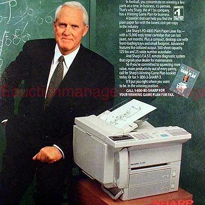 Pro football coach Bill Walsh in an ad for Sharp fax machines.