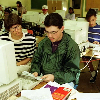 High school kids doing research via computer in Ann Arbor, Michigan.