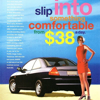 Magazine advertisement from Thrifty Rental Cars.