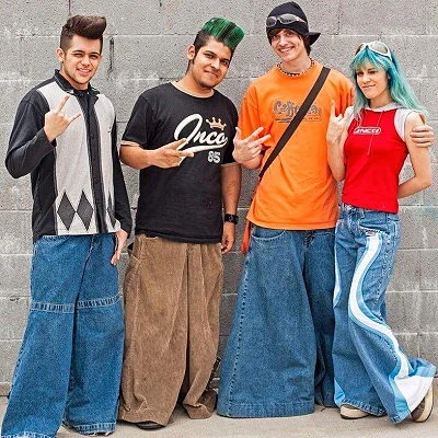 1998 image of young people in ultra wide legged Jnco jeans.